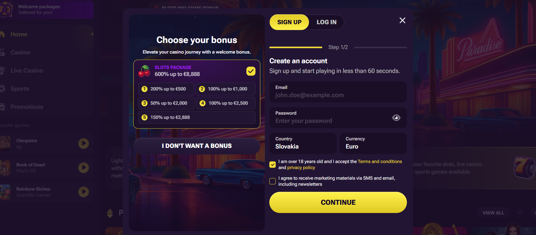 Casino sign-up modal with bonus selection showing a slots package up to €8,888, alongside an account registration form with email, password, country, currency, consent checkboxes, and a yellow “Continue” button.