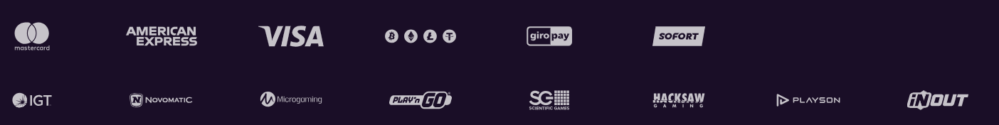 Footer logos for payment methods including Mastercard, American Express, Visa, cryptocurrency options, giropay, and Sofort, alongside gaming provider logos such as IGT, Novomatic, Microgaming, Play’n GO, Scientific Games, Hacksaw Gaming, Playson, and InOut.